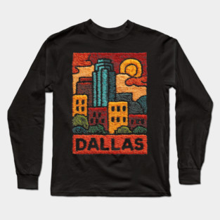 Dallas Texas Linocut Print | Retro Big D Skyline Souvenir Long Sleeve T-Shirt