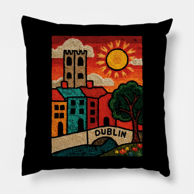 Dublin Ireland Linocut Print | Vintage Temple Bar Cobblestone Pillow by TuncGK