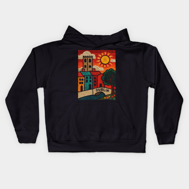 Dublin Ireland Linocut Print | Vintage Temple Bar Cobblestone Kids Hoodie by TuncGK