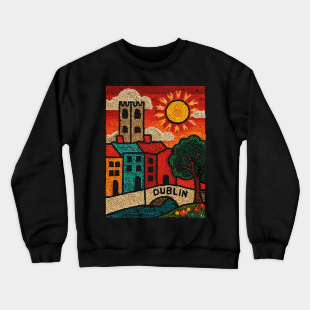 Dublin Ireland Linocut Print | Vintage Temple Bar Cobblestone Crewneck Sweatshirt by TuncGK
