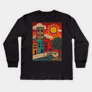 Dublin Ireland Linocut Print | Vintage Temple Bar Cobblestone Kids Long Sleeve T-Shirt