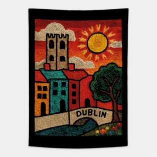 Dublin Ireland Linocut Print | Vintage Temple Bar Cobblestone Tapestry