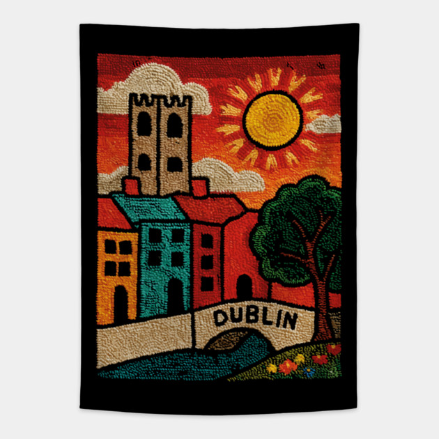 Dublin Ireland Linocut Print | Vintage Temple Bar Cobblestone Tapestry by TuncGK