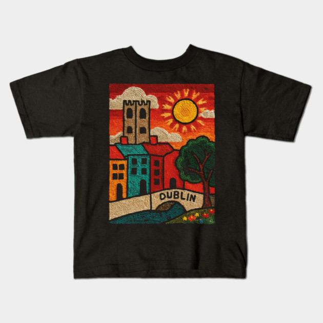 Dublin Ireland Linocut Print | Vintage Temple Bar Cobblestone Kids T-Shirt by TuncGK