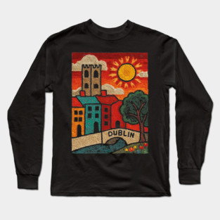 Dublin Ireland Linocut Print | Vintage Temple Bar Cobblestone Long Sleeve T-Shirt
