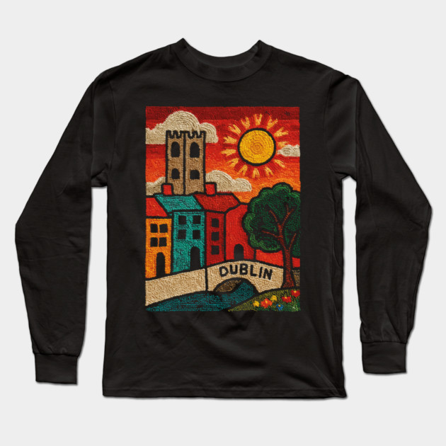 Dublin Ireland Linocut Print | Vintage Temple Bar Cobblestone Long Sleeve T-Shirt by TuncGK