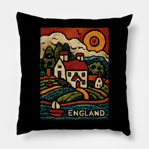 English Countryside Linocut Print | Quaint UK Cottage Souvenir Pillow by TuncGK