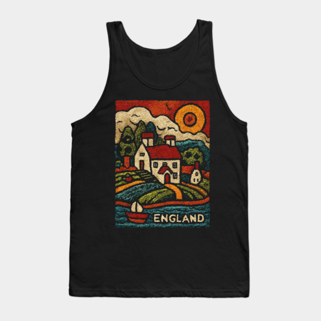 English Countryside Linocut Print | Quaint UK Cottage Souvenir Tank Top by TuncGK