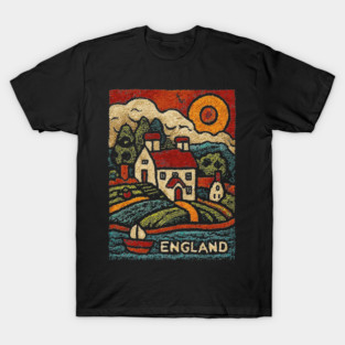 English Countryside Linocut Print | Quaint UK Cottage Souvenir T-Shirt