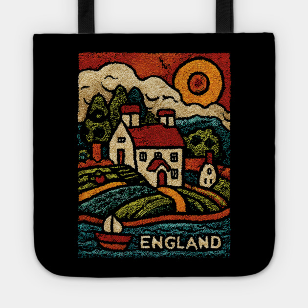English Countryside Linocut Print | Quaint UK Cottage Souvenir Tote by TuncGK