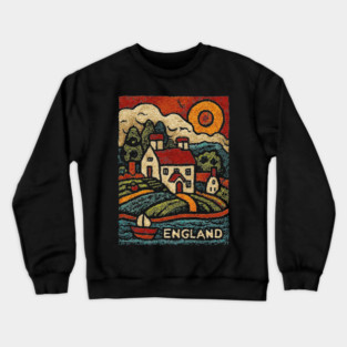 English Countryside Linocut Print | Quaint UK Cottage Souvenir Crewneck Sweatshirt