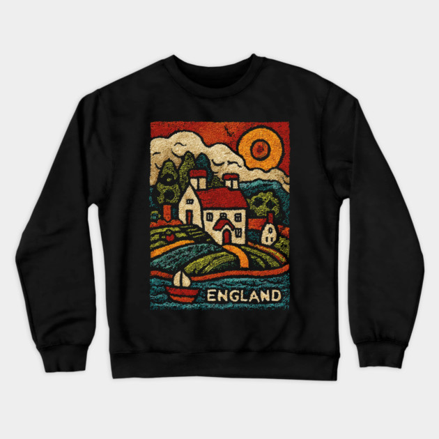 English Countryside Linocut Print | Quaint UK Cottage Souvenir Crewneck Sweatshirt by TuncGK