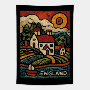 English Countryside Linocut Print | Quaint UK Cottage Souvenir Tapestry
