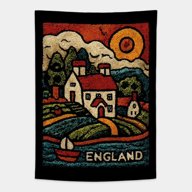 English Countryside Linocut Print | Quaint UK Cottage Souvenir Tapestry by TuncGK