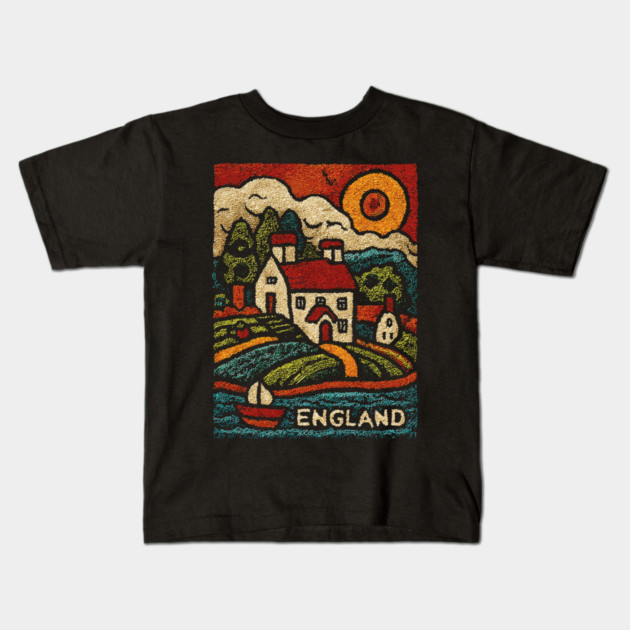 English Countryside Linocut Print | Quaint UK Cottage Souvenir Kids T-Shirt by TuncGK