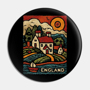 English Countryside Linocut Print | Quaint UK Cottage Souvenir Pin