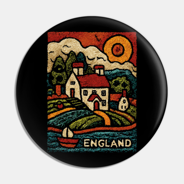 English Countryside Linocut Print | Quaint UK Cottage Souvenir Pin by TuncGK
