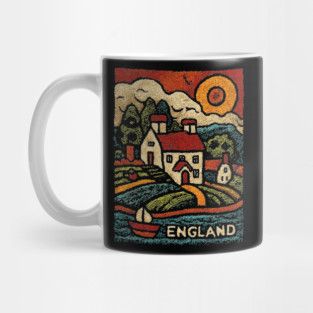 English Countryside Linocut Print | Quaint UK Cottage Souvenir Mug