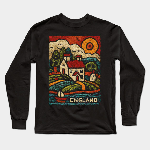 English Countryside Linocut Print | Quaint UK Cottage Souvenir Long Sleeve T-Shirt by TuncGK
