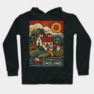 English Countryside Linocut Print | Quaint UK Cottage Souvenir Hoodie