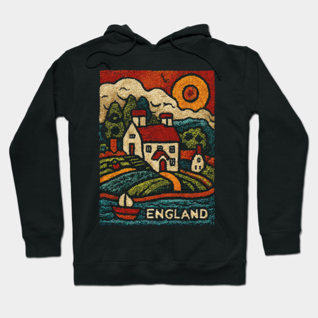 English Countryside Linocut Print | Quaint UK Cottage Souvenir Hoodie by TuncGK