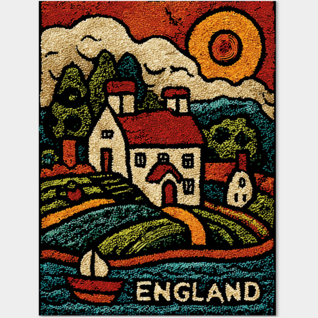 English Countryside Linocut Print | Quaint UK Cottage Souvenir Wall Art by TuncGK