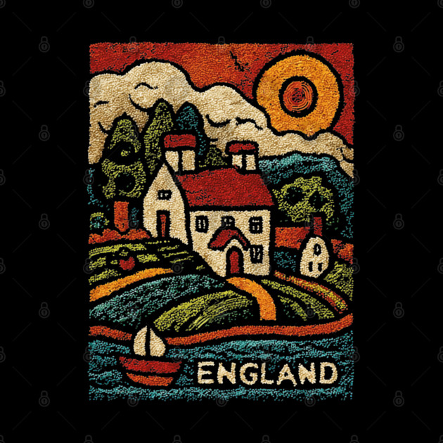 English Countryside Linocut Print | Quaint UK Cottage Souvenir by TuncGK