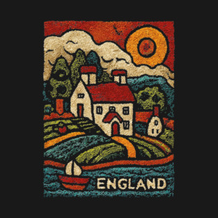 English Countryside Linocut Print | Quaint UK Cottage Souvenir T-Shirt