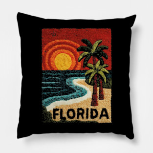 Florida Beach Sunset Linocut Print | Retro Sunshine State Vacation Pillow