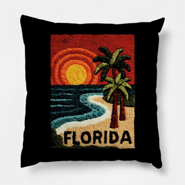 Florida Beach Sunset Linocut Print | Retro Sunshine State Vacation Pillow by TuncGK