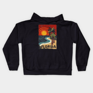 Florida Beach Sunset Linocut Print | Retro Sunshine State Vacation Kids Hoodie