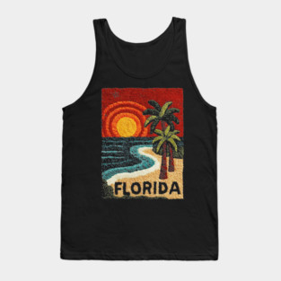 Florida Beach Sunset Linocut Print | Retro Sunshine State Vacation Tank Top