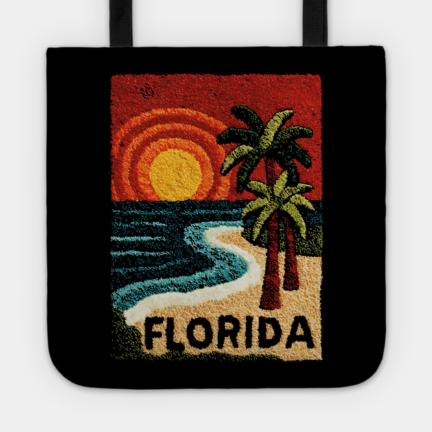 Florida Beach Sunset Linocut Print | Retro Sunshine State Vacation Tote by TuncGK