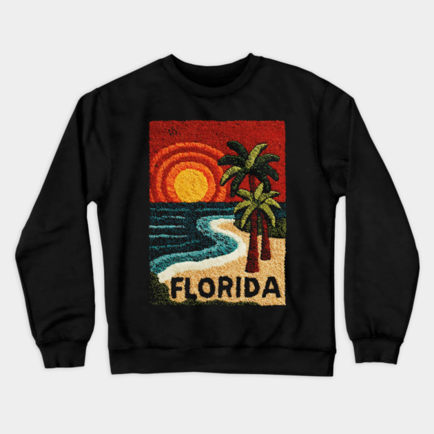 Florida Beach Sunset Linocut Print | Retro Sunshine State Vacation Crewneck Sweatshirt by TuncGK