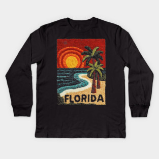 Florida Beach Sunset Linocut Print | Retro Sunshine State Vacation Kids Long Sleeve T-Shirt