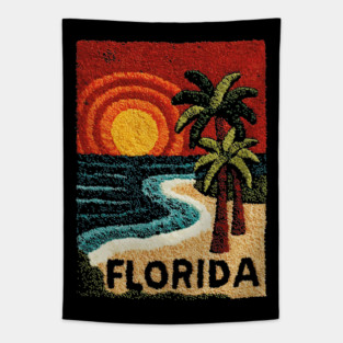 Florida Beach Sunset Linocut Print | Retro Sunshine State Vacation Tapestry