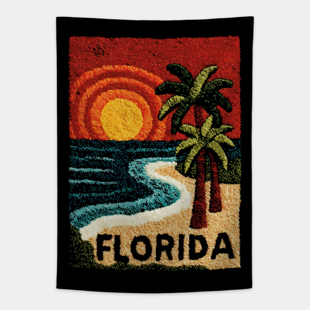 Florida Beach Sunset Linocut Print | Retro Sunshine State Vacation Tapestry by TuncGK