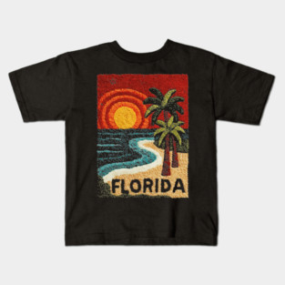 Florida Beach Sunset Linocut Print | Retro Sunshine State Vacation Kids T-Shirt