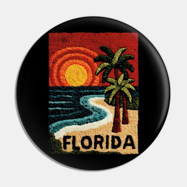 Florida Beach Sunset Linocut Print | Retro Sunshine State Vacation Pin by TuncGK