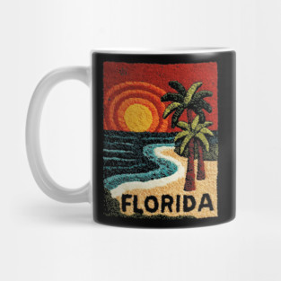 Florida Beach Sunset Linocut Print | Retro Sunshine State Vacation Mug