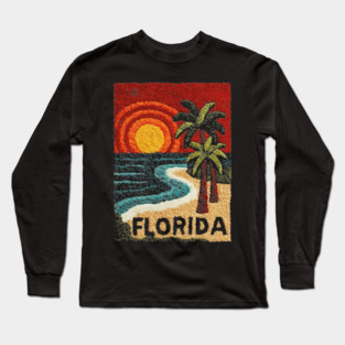 Florida Beach Sunset Linocut Print | Retro Sunshine State Vacation Long Sleeve T-Shirt