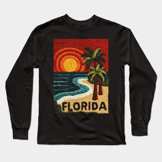 Florida Beach Sunset Linocut Print | Retro Sunshine State Vacation Long Sleeve T-Shirt by TuncGK