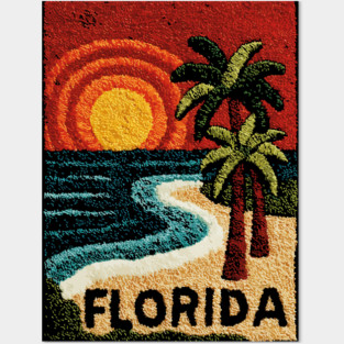Florida Beach Sunset Linocut Print | Retro Sunshine State Vacation Posters and Art