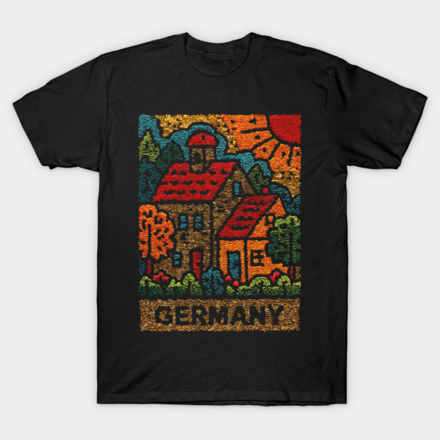 Fairytale German Village Linocut Print | Retro Bavaria Souvenir T-Shirt by TuncGK