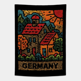 Fairytale German Village Linocut Print | Retro Bavaria Souvenir Tapestry