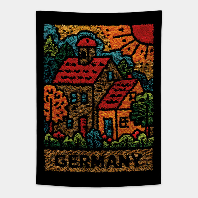Fairytale German Village Linocut Print | Retro Bavaria Souvenir Tapestry by TuncGK