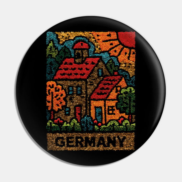 Fairytale German Village Linocut Print | Retro Bavaria Souvenir Pin by TuncGK