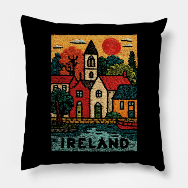 Quaint Irish Village Linocut Print | Emerald Isle Travel Souvenir Pillow by TuncGK