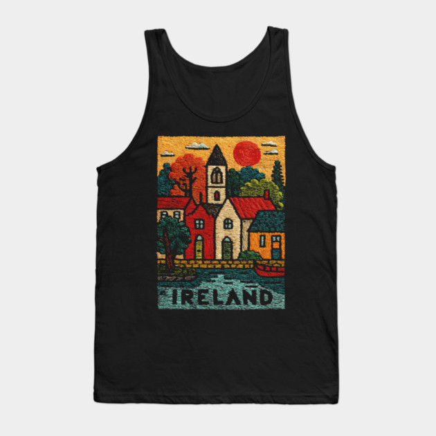 Quaint Irish Village Linocut Print | Emerald Isle Travel Souvenir Tank Top by TuncGK
