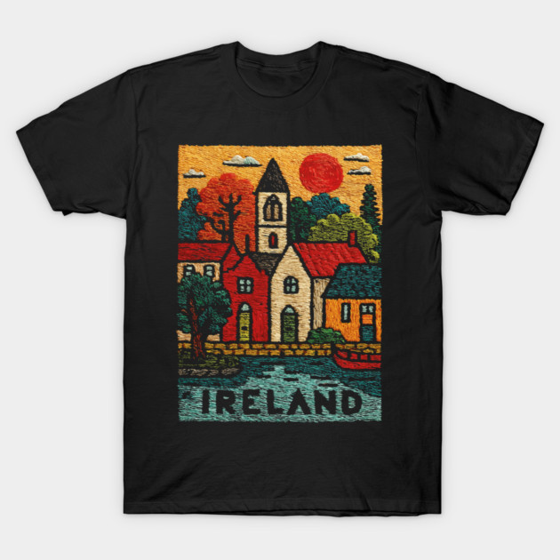 Quaint Irish Village Linocut Print | Emerald Isle Travel Souvenir T-Shirt by TuncGK